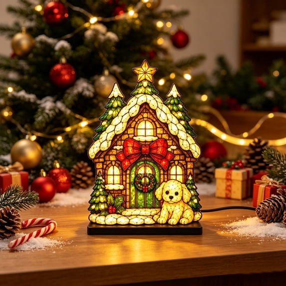 Stained Glass Style Snow House Lamp, Vintage Christmas Acrylic 3D Animal Night Light for Home Office Bedroom Living Room Desk Decor
