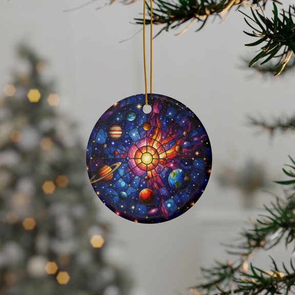 Stained Glass Style Solar System Ornament, Space Theme Ceramic Decor