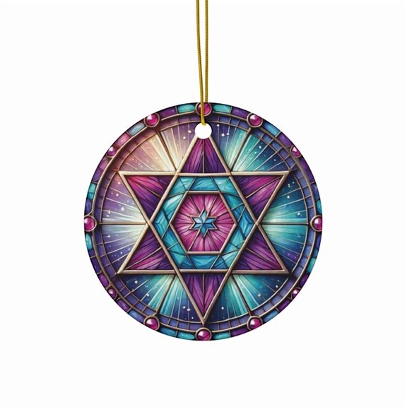 Stained Glass Style Star Ornament Geometric Judaica Design Printed On Ceramic 2D FLAT CIRCLE Ceramic Ornament