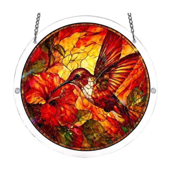 Stained Glass Style Suncatcher Window Hanging 8 Inch Round Acrylic Puzzle Hummingbird Bird Beach Decor Handmade 2D Art Ornament Home Decor 1 Pack
