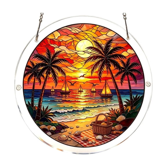 Stained Glass Style Suncatcher Window Hanging Acrylic Puzzle Mosaic Decor 8 Inch Round Hummingbird Bird Scenic Art Ornament Home Wall Porch Decoration Holiday Display 1 Piece