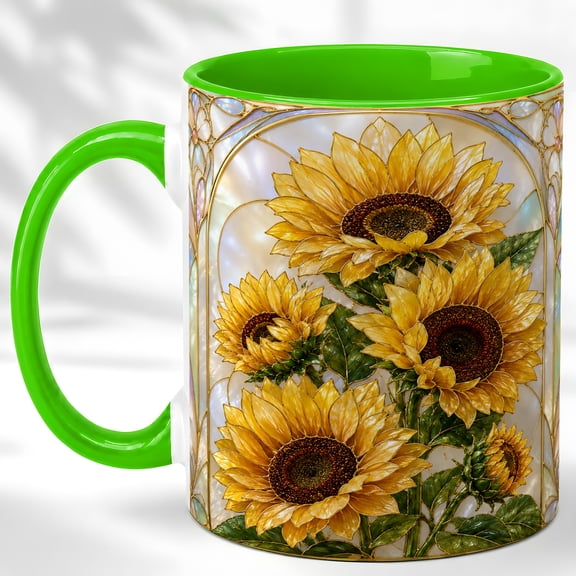Stained Glass Style Sunflower Coffee Mug, Botanical Mug, Ceramic 11 oz