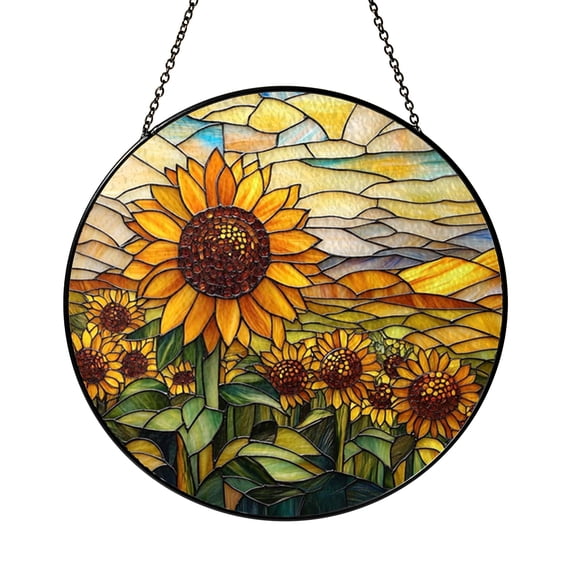 Stained Glass Style Sunset Sunflower Panel, Decorative Window Art for Bright and Botanical Spaces
