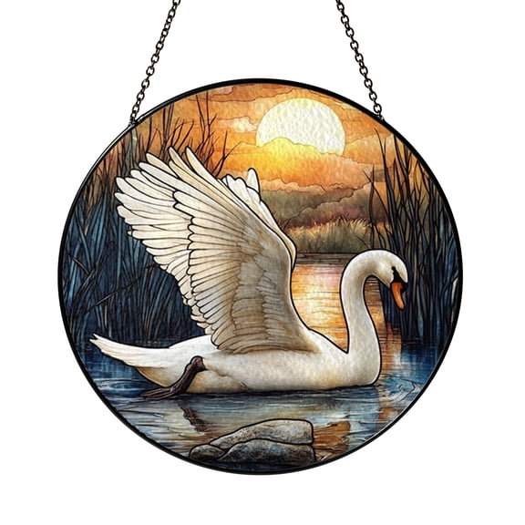 Stained Glass Style Swan Panel, Sunset Lake Scene Window Decor for Nature Lovers and Home Decoration