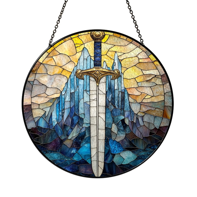 Stained Glass Style Sword in Mountain Sun Catcher Round Mythic