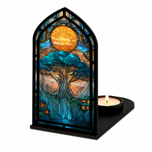 Stained Glass Style Tabletop Candle Display, Tree and Sun Decorative Accent with Rear Tealight Position, 7.87 in