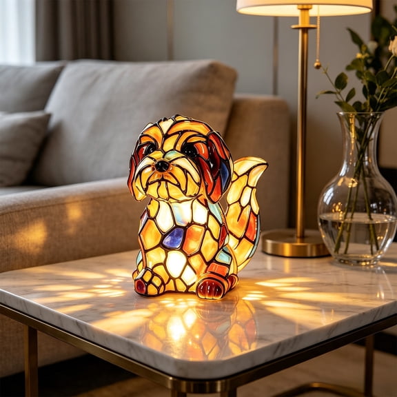 Stained Glass Style Translucent Resin Animal Night Light,3 Styles Gorilla Tiger Shih Tzu Figurine Lamp,Mosaic Pattern Bedroom Desktop Decor Table Lamp