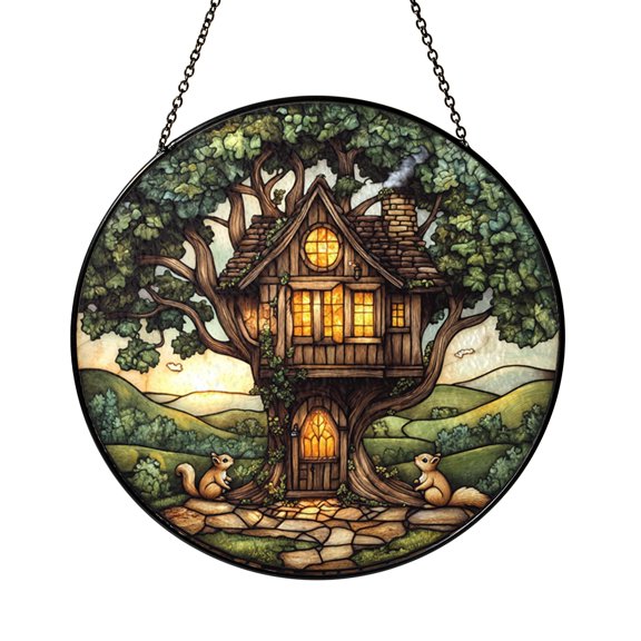 Stained Glass Style Treehouse Window Hanging – Nature Decor