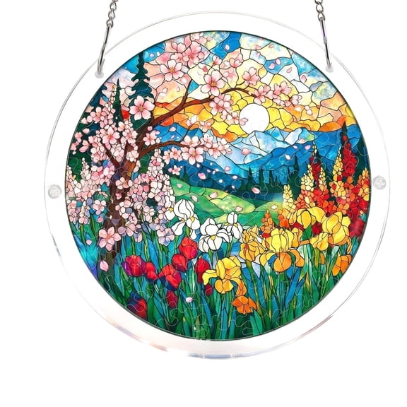 Stained Glass Style Tulip Flower Suncatcher - Round Acrylic Window Hanging Ornament with Hanging Chain - Vibrant Floral Wall Art Decor for Home Garden Window, 6-Inch
