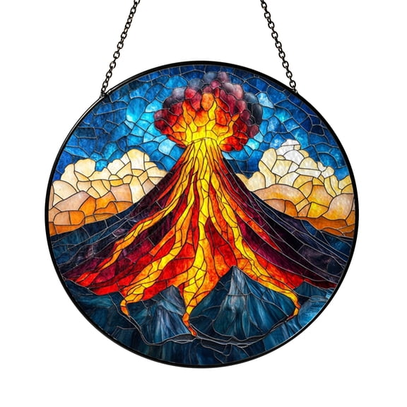 Stained Glass Style Volcano Window Suncatcher, Fantasy Landscape Art Decor, Decorative Hanging