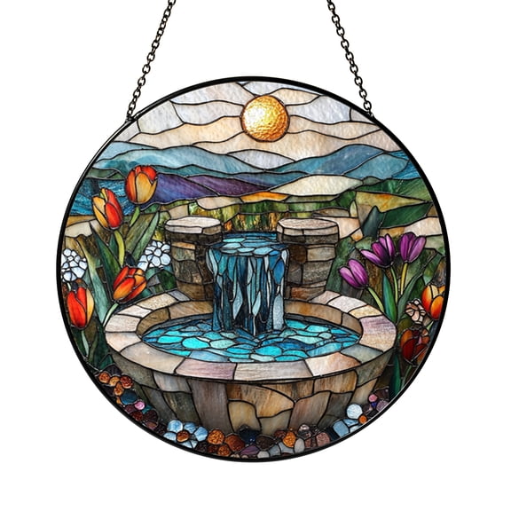 Stained Glass Style Waterfall Well Suncatcher, Decorative Scenic Window Hanging for Nature Inspired Spaces