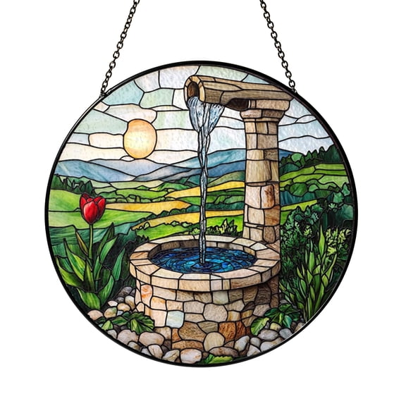 Stained Glass Style Waterfall Window Hanging – Rustic Landscape Decor