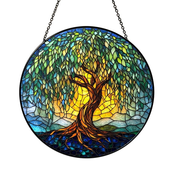 Stained Glass Style Weeping Willow Window Suncatcher, Decorative Nature Inspired Art Hanging, Acrylic Style Interior Window Decoration