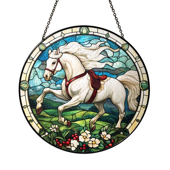 Stained Glass Style White Horse Window Hanging – Farmhouse Decor Art
