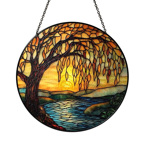 Stained Glass Style Willow Tree Window Suncatcher, Botanical Decorative Art Panel with Graceful Branch Design, Window Hanging Decor