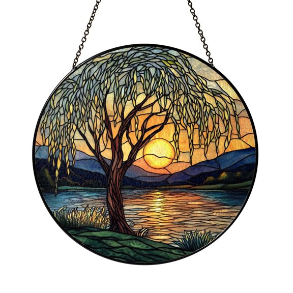 Stained Glass Style Willow Tree Window Suncatcher, Fantasy Nature Scene Art Decor, Decorative Hanging Light Catcher