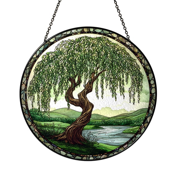 Stained Glass Style Willow Tree Window Suncatcher, Scenic Lakeside Decorative Art Panel, Window Hanging Decor