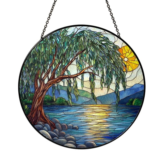 Stained Glass Style Willow Tree Window Suncatcher, Scenic River Decorative Art Panel, Window Hanging Decor