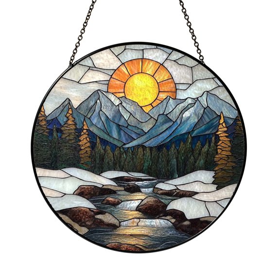 Stained Glass Style Winter Landscape Suncatcher Window Hanging, Scenic Nature Art for Window Decor, Decorative Glass Panel, Nature Inspired Home Accent