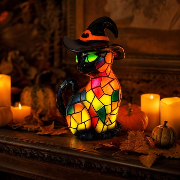 Stained Glass Style Witch Cat LED Lamp with Glowing Green Eyes, Spooky Resin Figurine Night Light for Shelf Mantel Halloween Home Tabletop Decor