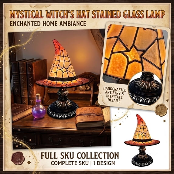 Stained Glass Style Witch Hat Lamp, Resin Table Lamp with Pull Chain, Ideal for Gothic Bohemian Art Nouveau Room Aesthetics (Harvest Amber)