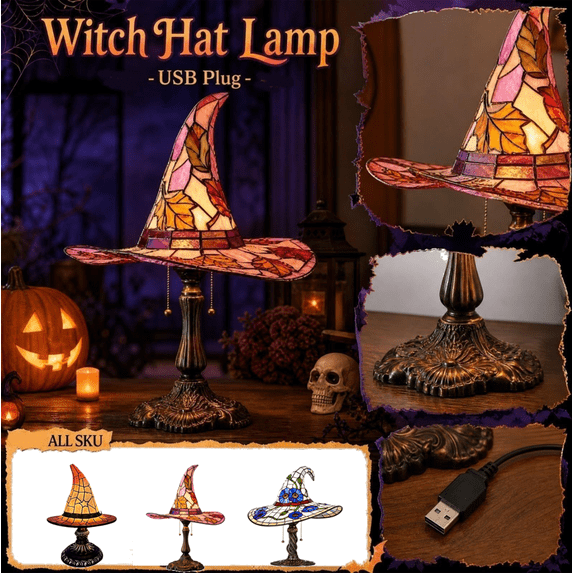 Stained Glass Style Witch Hat Lamp, Resin Table Lamp with Pull Chain, Ideal for Gothic Bohemian Art Nouveau Room Aesthetics (Maple Blush)