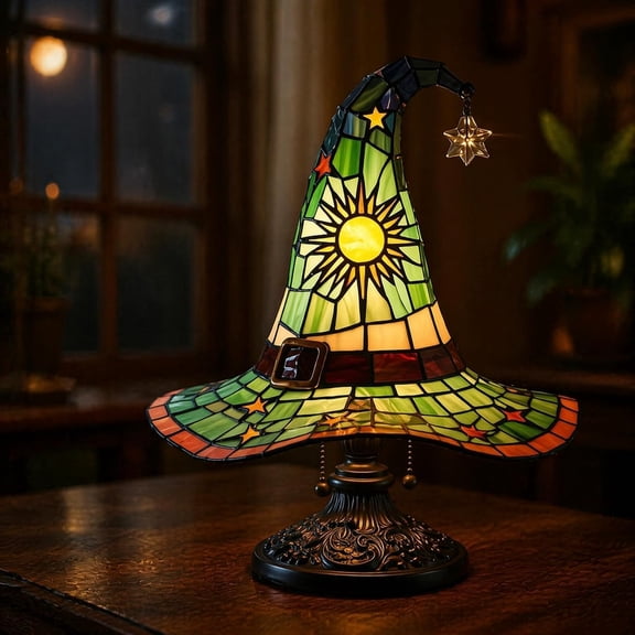 Stained Glass Style Witch Hat Lamp – Vintage Halloween Table Decor Night Light – Handcrafted Resin Gothic Wizard Accent Lamp for Bedroom, Bookshelf and Witchy Room Aesthetics (Large Size)