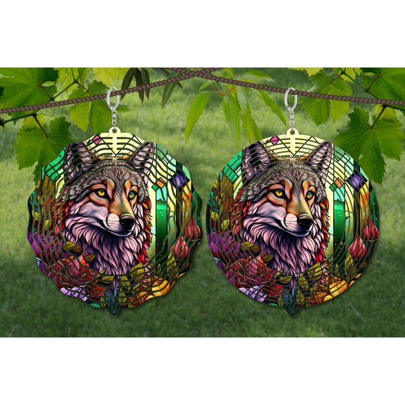 Stained Glass Style Wolf 10 Inch Metal Wind Spinner, 3D Kinetic Outdoor Hanging Garden Decor for Yard Patio, Gift for Men