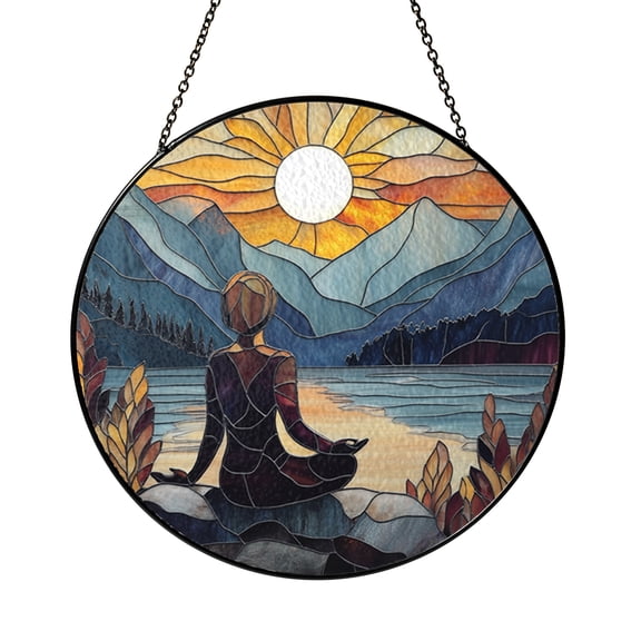 Stained Glass Style Yoga Panel, Decorative Peaceful Sunset Window Art for Mindful Spaces and Gifts