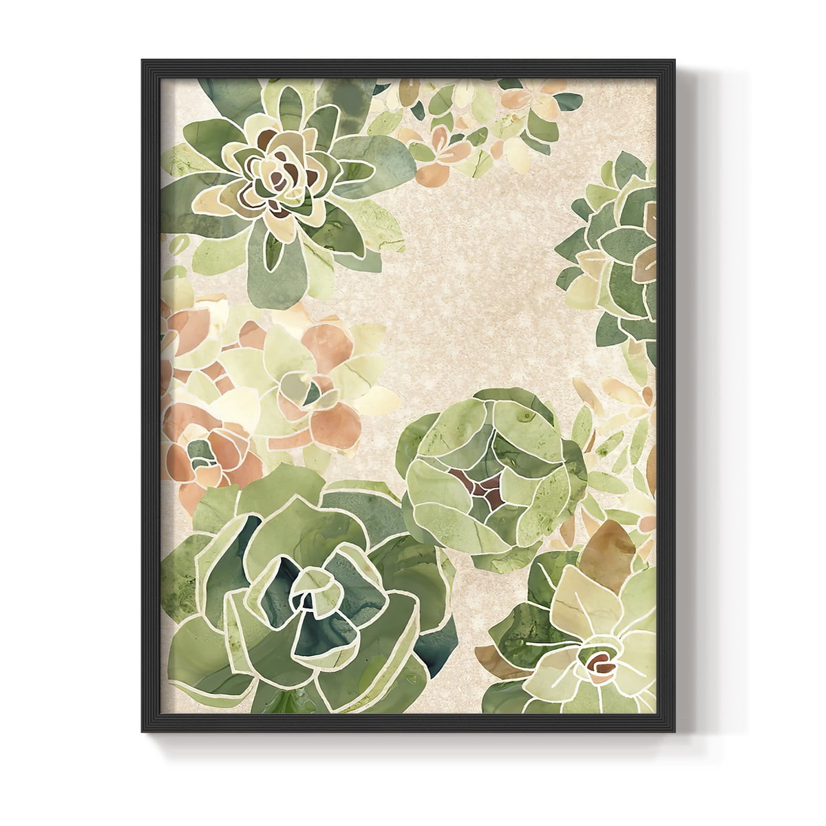 Stained Glass Succulents I Framed Print in Black Solid Wood Framed Print No Nail Hanging