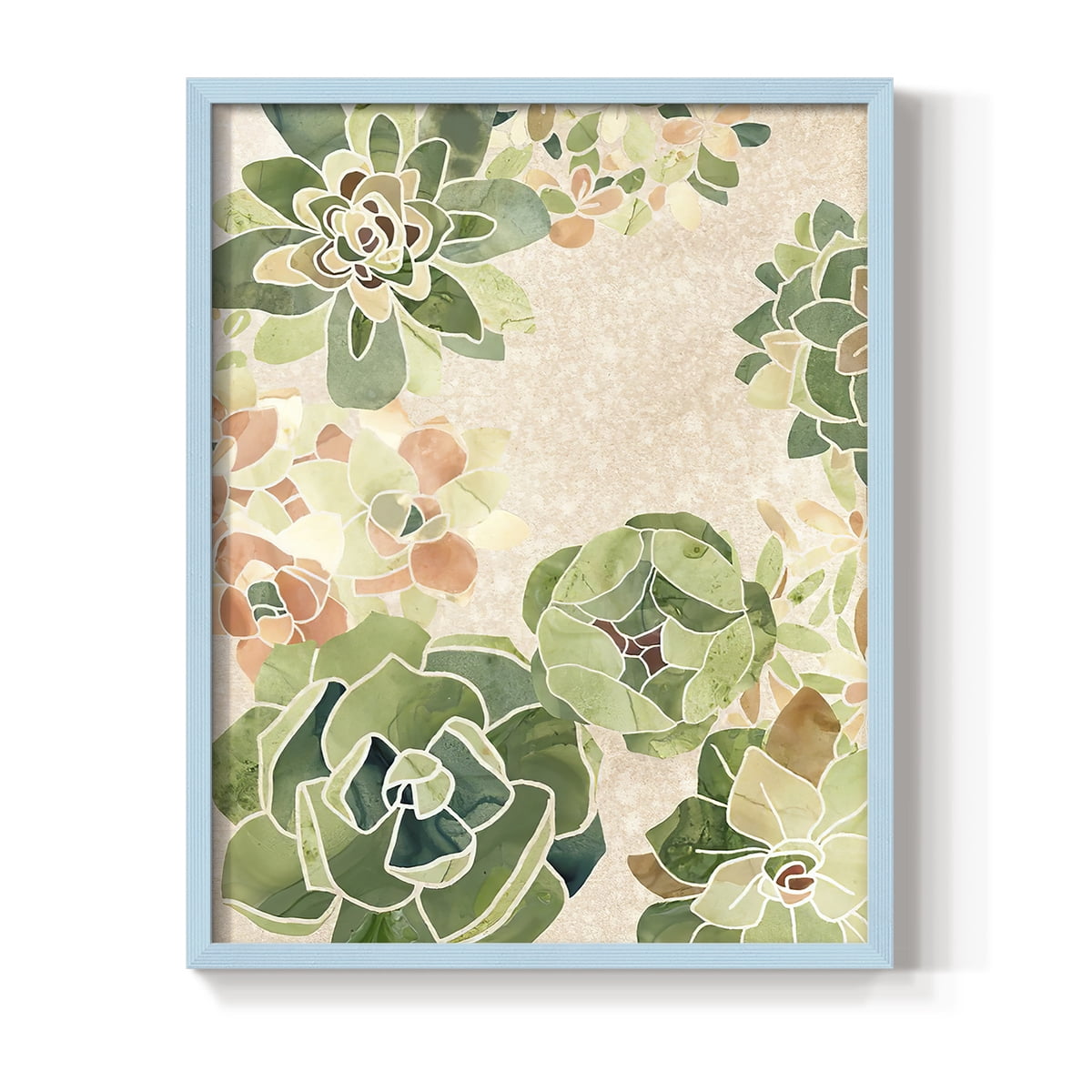 Stained Glass Succulents I Framed Print in Blue Solid Wood Framed Print No Nail Hanging