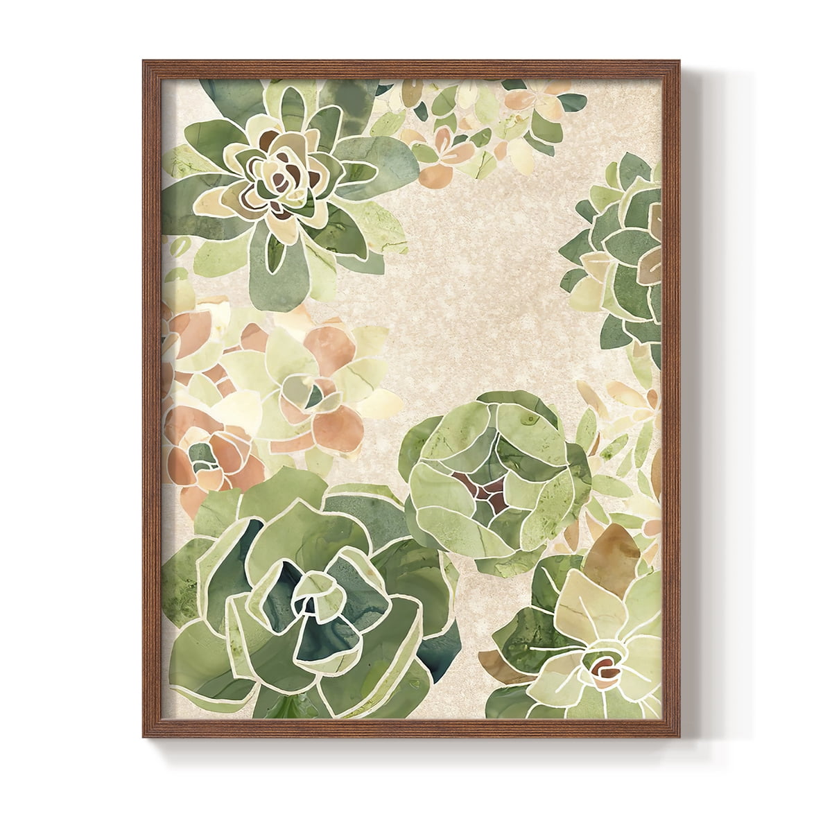 Stained Glass Succulents I Framed Print in Brown Solid Wood Framed Print No Nail Hanging