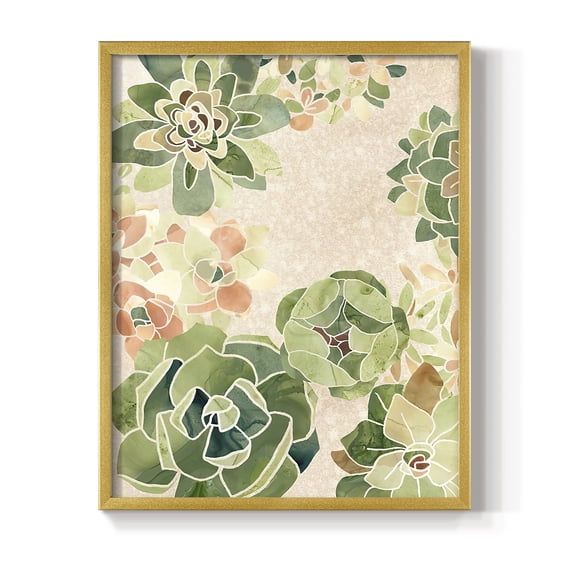 Stained Glass Succulents I Framed Print in Gold Solid Wood Framed Print No Nail Hanging