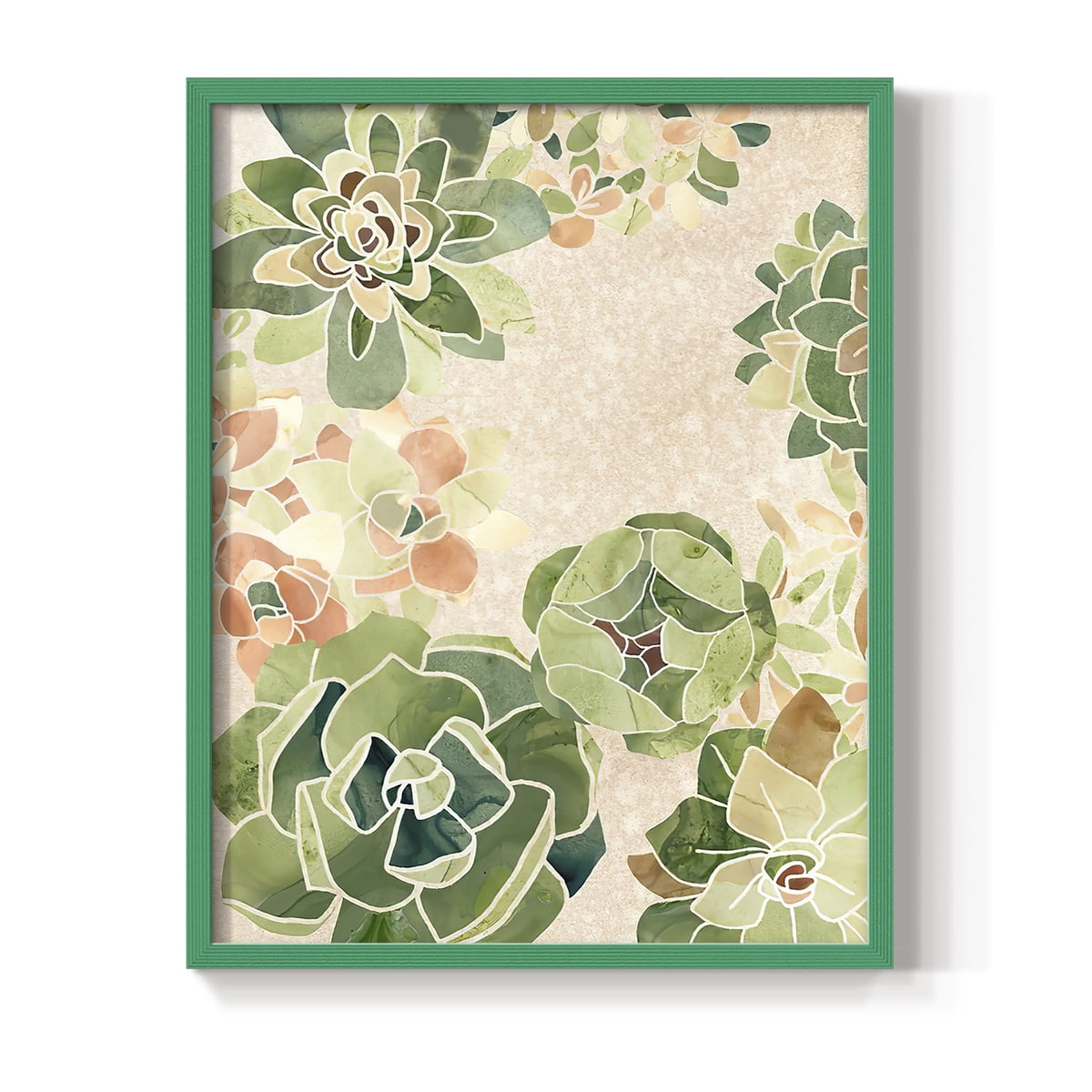 Stained Glass Succulents I Framed Print in Green Solid Wood Framed Print No Nail Hanging
