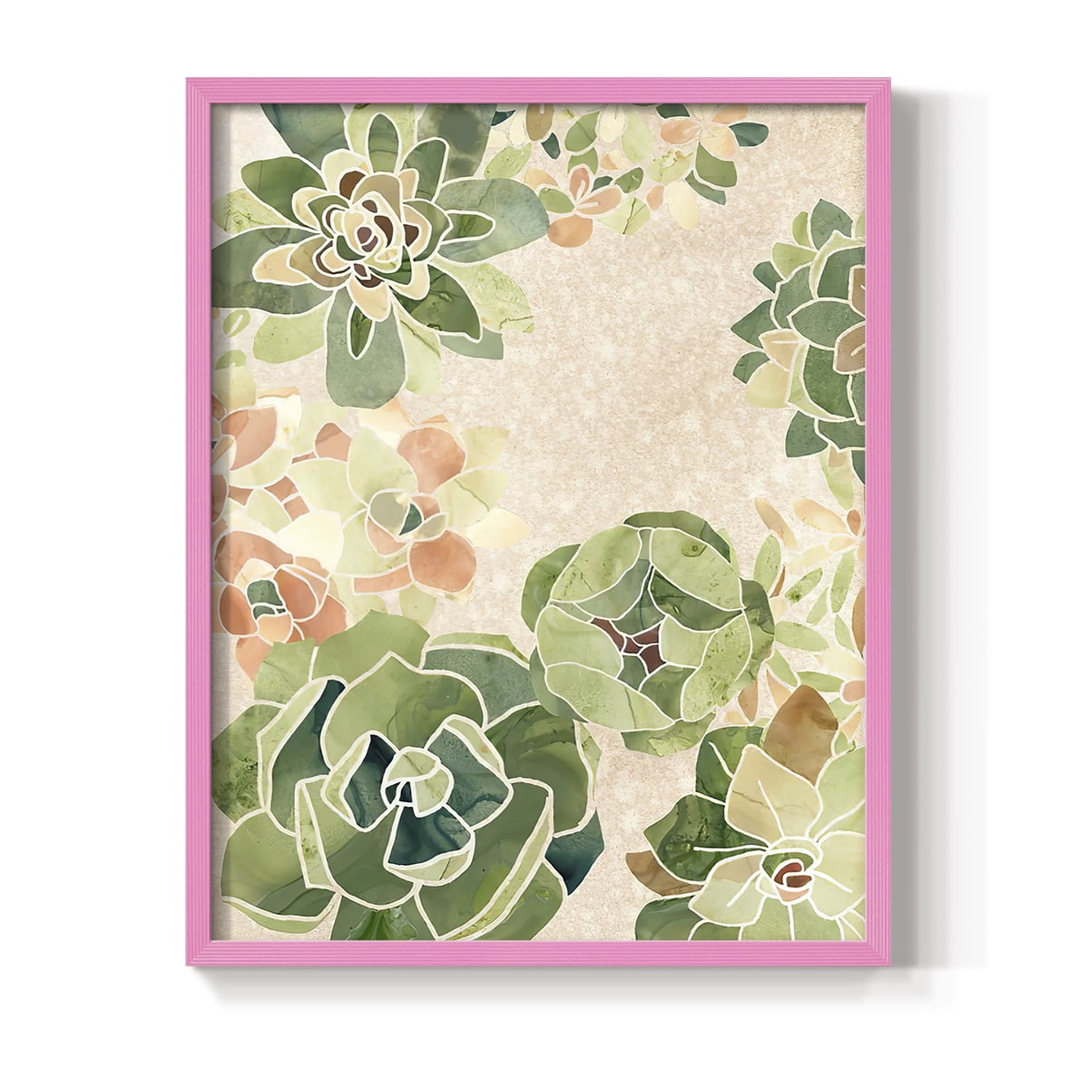 Stained Glass Succulents I Framed Print in Pink Solid Wood Framed Print No Nail Hanging