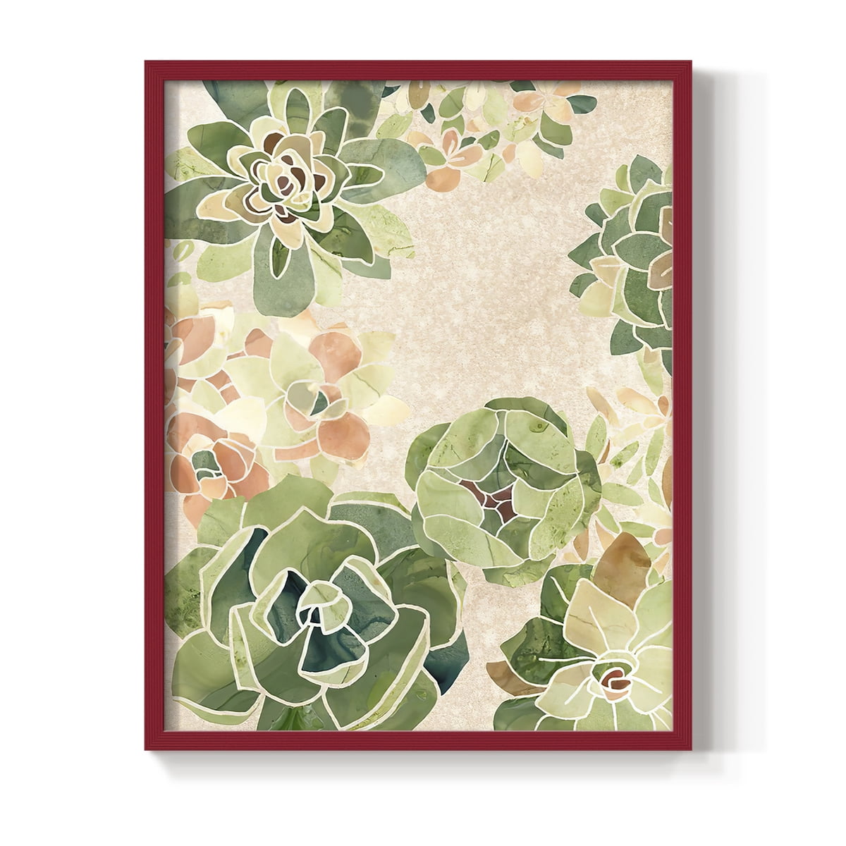 Stained Glass Succulents I Framed Print in Red Solid Wood Framed Print No Nail Hanging