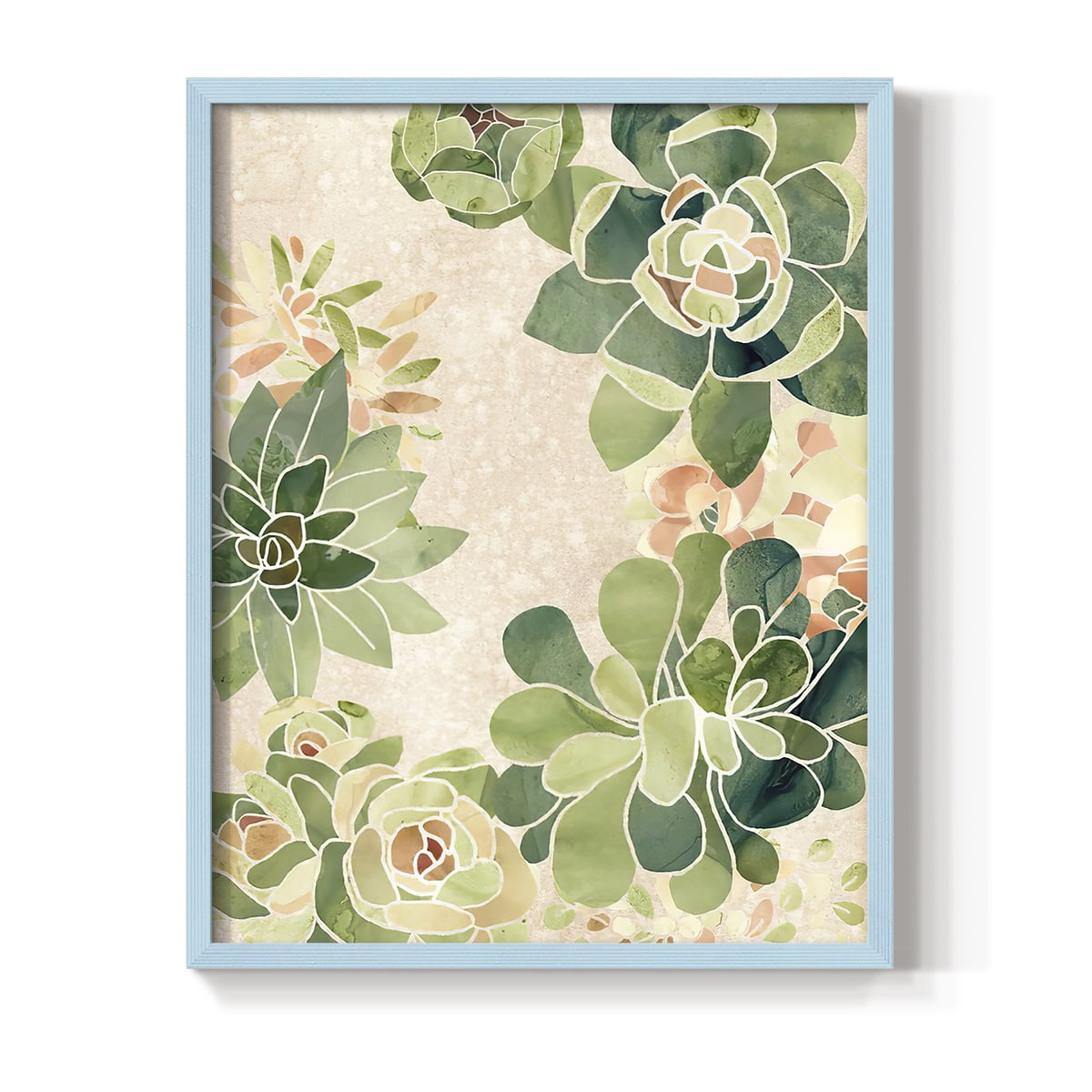 Stained Glass Succulents II Framed Print in Blue Solid Wood Framed Print No Nail Hanging