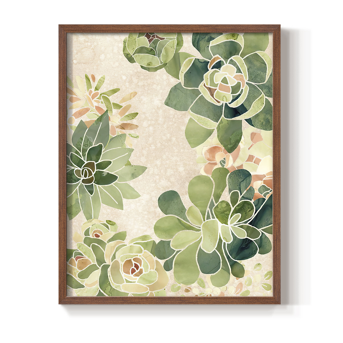 Stained Glass Succulents II Framed Print in Brown Solid Wood Framed Print No Nail Hanging