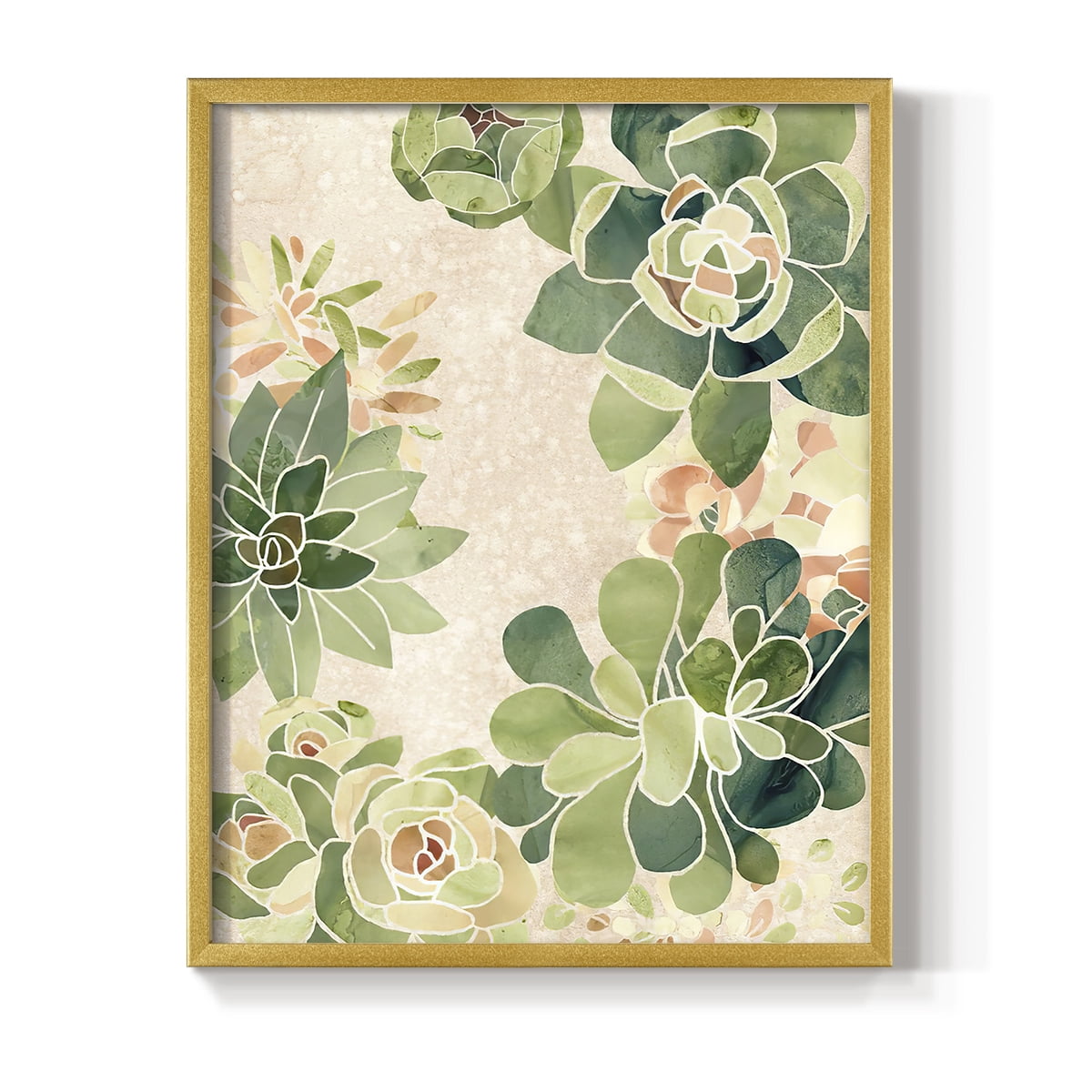 Stained Glass Succulents II Framed Print in Gold Solid Wood Framed Print No Nail Hanging