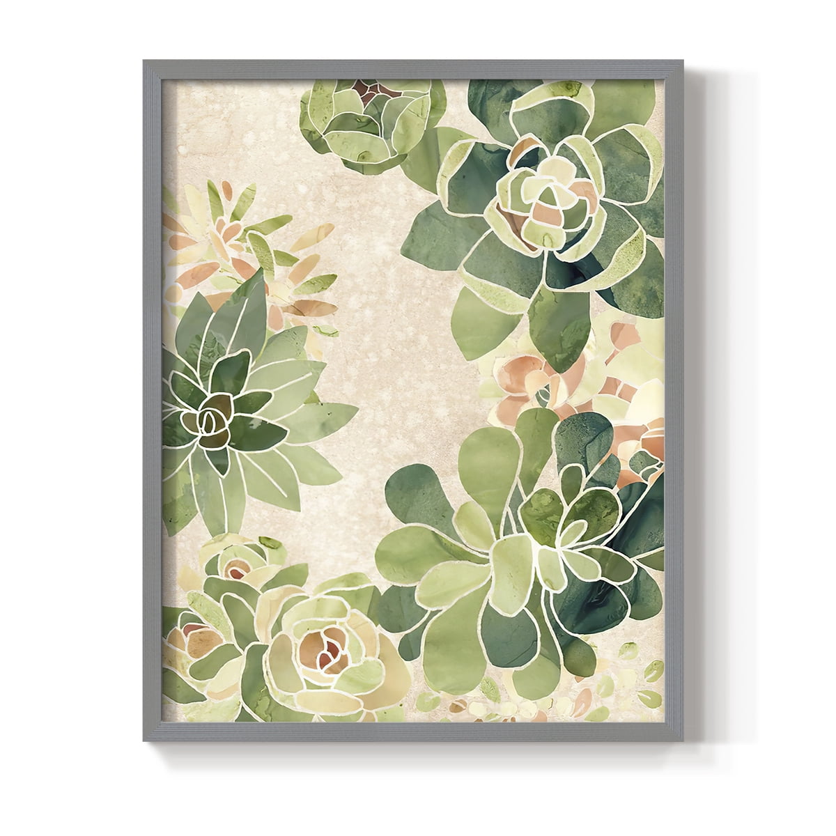 Stained Glass Succulents II Framed Print in Gray Solid Wood Framed Print No Nail Hanging