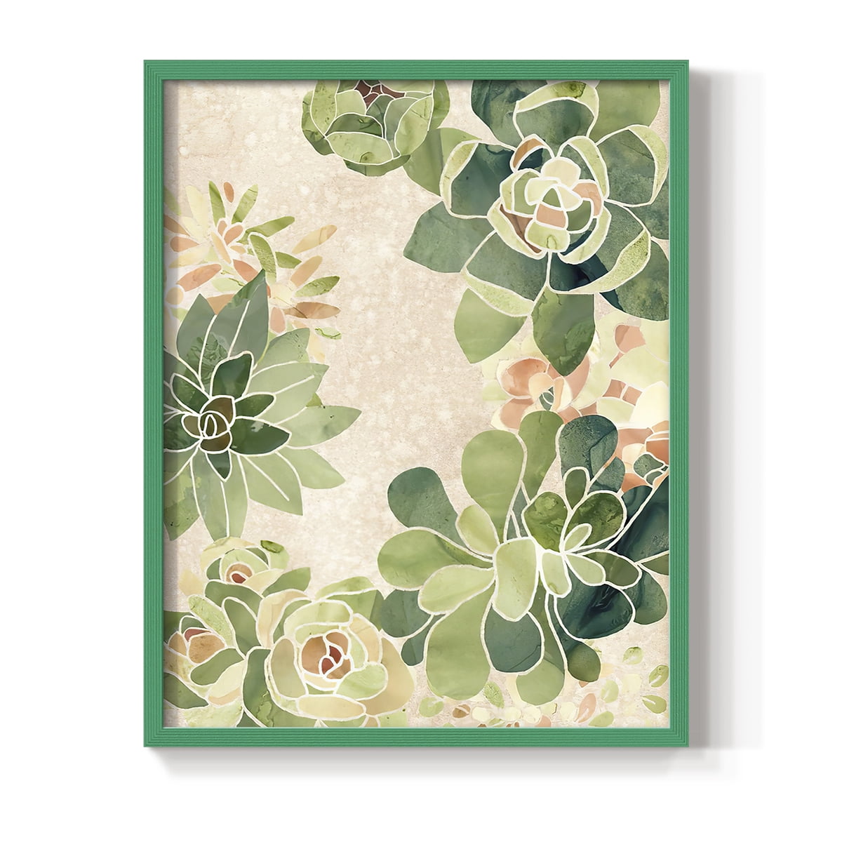 Stained Glass Succulents II Framed Print in Green Solid Wood Framed Print No Nail Hanging