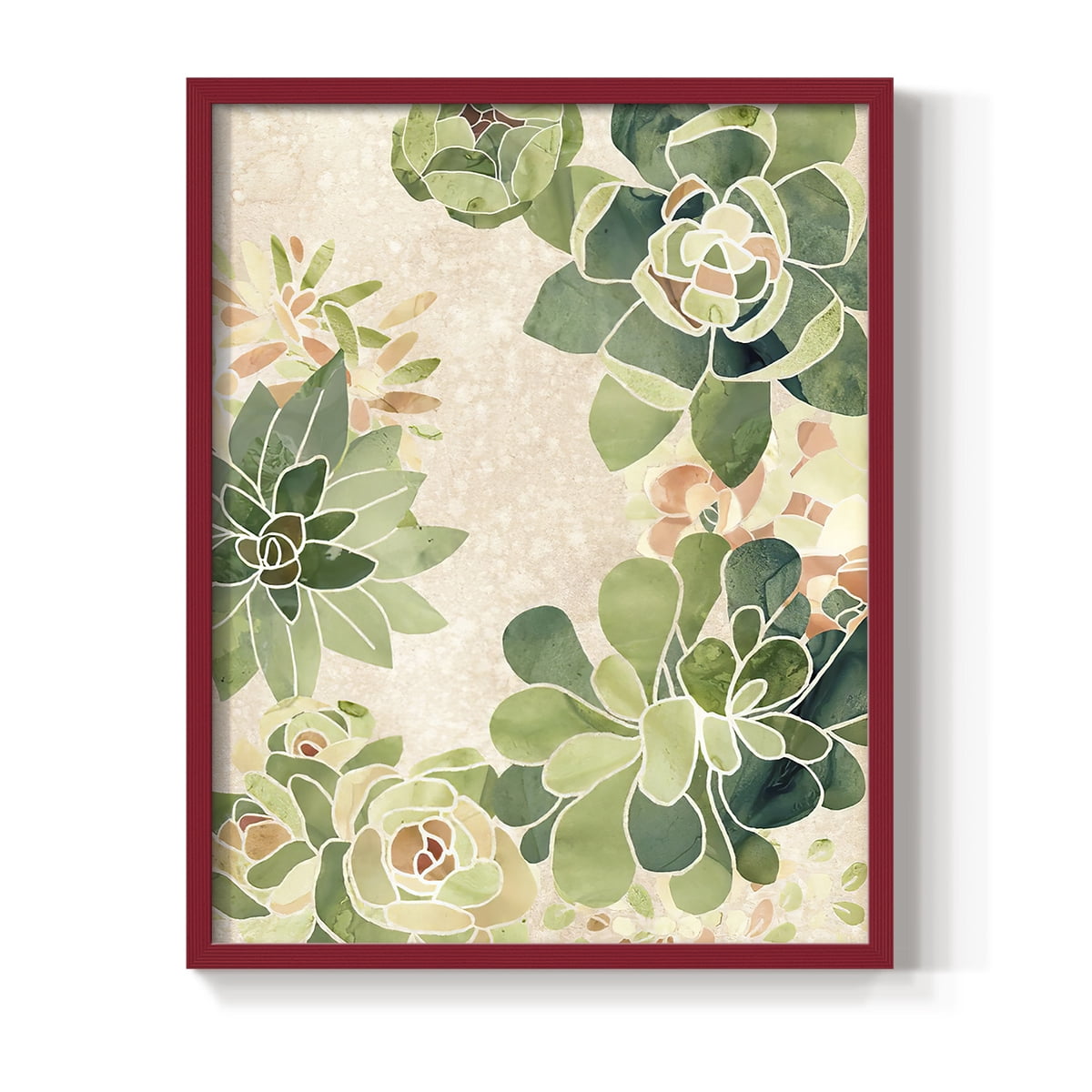 Stained Glass Succulents II Framed Print in Red Solid Wood Framed Print No Nail Hanging