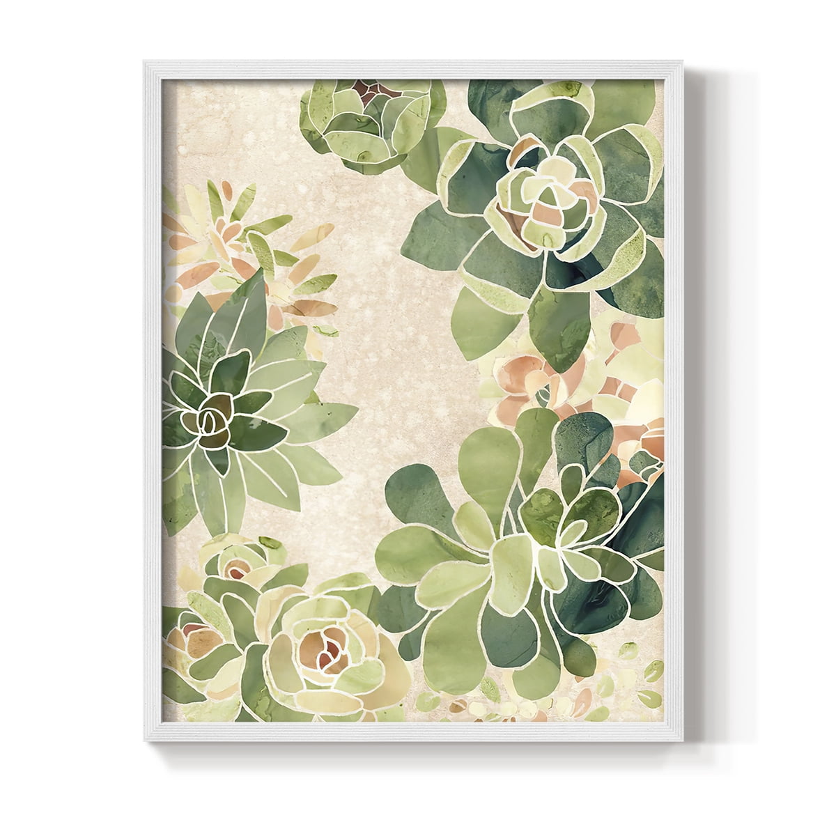 Stained Glass Succulents II Framed Print in White Solid Wood Framed Print No Nail Hanging