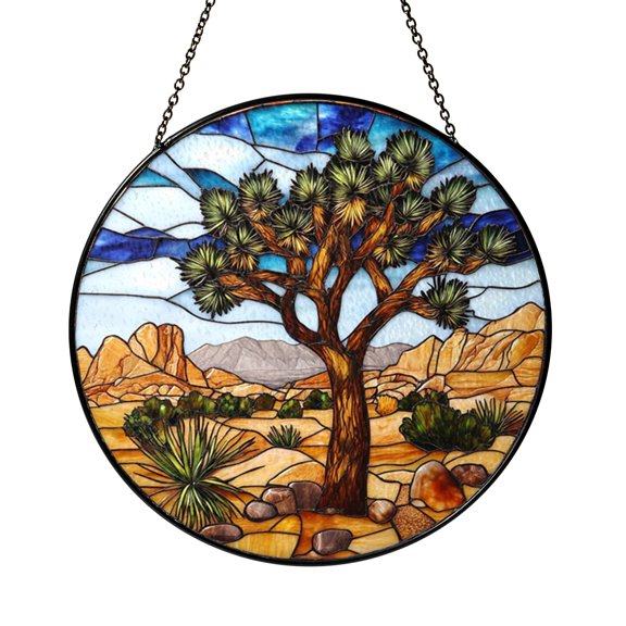 Stained Glass Sun Catcher Window Hanging Desert Tree with Sunset Design, Landscape Glass Panel Decor for Window and Home Decor, Indoor Window Art Hanging, Decorative Nature Suncatcher Gift