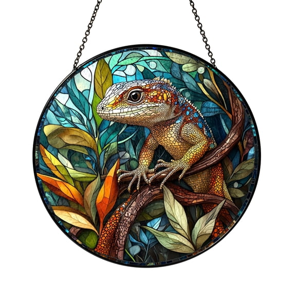 Stained Glass Sun Catcher Window Hanging Lizard Reptile Design, Forest Leaf Glass Panel Decor for Window and Home Decor, Indoor Window Art Hanging, Unique Nature Theme Suncatcher Gift