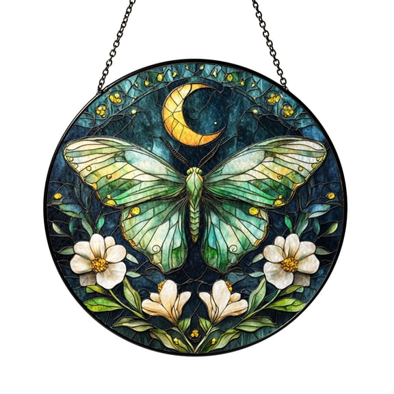Stained Glass Sun Catcher Window Hanging Luna Moth Design, Night Garden Glass Panel Decor for Window and Home Decor, Indoor Window Art Hanging, Nature Inspired Suncatcher Gift