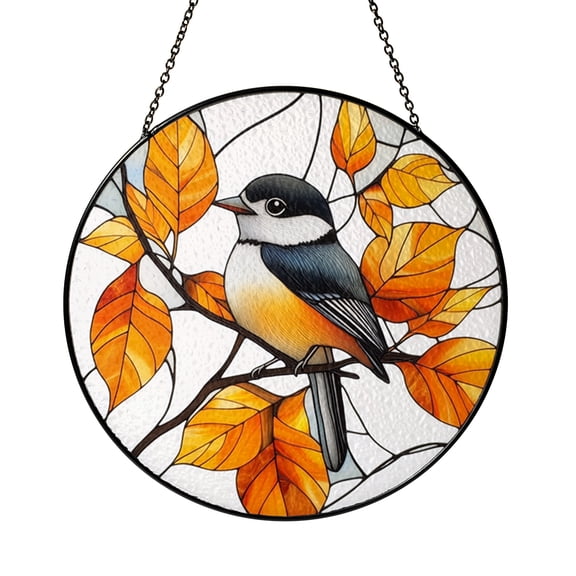 Stained Glass Sun Catcher Window Hanging Mockingbird Bird Design, Nature Glass Panel Decor with Yellow Leaves for Window and Home Decor