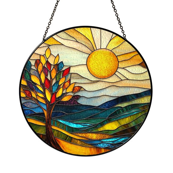 Stained Glass Sun Catcher Window Hanging Sunrise Landscape Design, Nature Glass Panel Decor for Window and Home Decor, Indoor Window Art Hanging, Scenic Suncatcher Gift