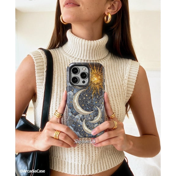 Stained Glass Sun Moon Phone Case For iPhone Samsung Durable Hard Back Cover Celestial Boho Astrology