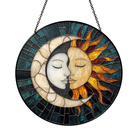 Stained Glass Sun Moon Suncatcher Window Hanging, Cosmic Celestial Window Art for Interior Decor